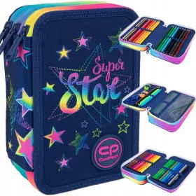   Šolska peresnica CoolPack Jumper 3 Stars s tremi predelki in opremo, moder večbarven, 19,5 × 12,5 × 6,5 cm