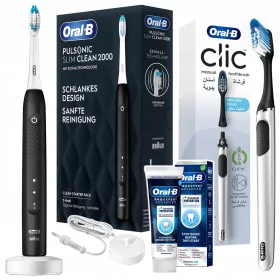   Sonična zobna ščetka ORAL-B Pulsonic Slim Clean 2000 + ročna ščetka Clic Chrome Black + zobna pasta Pro-Expert Advanced Deep Clean 75ml - uradni EU set