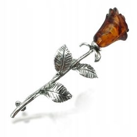 ROŽA - SREBRNA BROŠKA Z NARAVNIM JANTARJEM