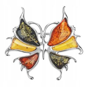   ELEGANTNA SREBRNA BROŠKA METULJ Z BALTSKIM JANTARJEM IZ 925 SREBRA