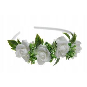 Rožnati venček za lase obhajila z zelenimi lističi