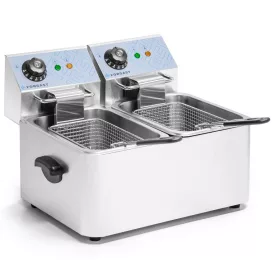   Električna fritovka 2-komorna Forga s 2x4 l kapacitete. Izdelana iz nerjavečega jekla. Dimenzije (dolžina, širina, višina): 43x38x30.5 cm. Napajanje: 230 V. Teža: 9.2 kg. Moč: 2x2 kW. Dimenzije košare