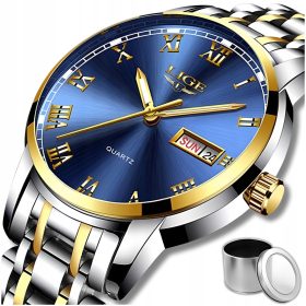   Elegantni moški kvartni jekleni LIGE ura z zapestnico in datoteko, primerna za poslovne priložnosti. Kvaliteten japonski mehanizem zagotavlja natančen prikaz časa. Tarcza je zaščitena z utrjenim miner