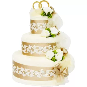   Luksuzna poročna torta iz 4 debelih brisač - Elegantno in praktično darilo za posebne priložnosti. Komplet vključuje 4 mehke in vpojne brisače velikosti 50x100 cm, ročno izdelane z 100% bombaža visoke
